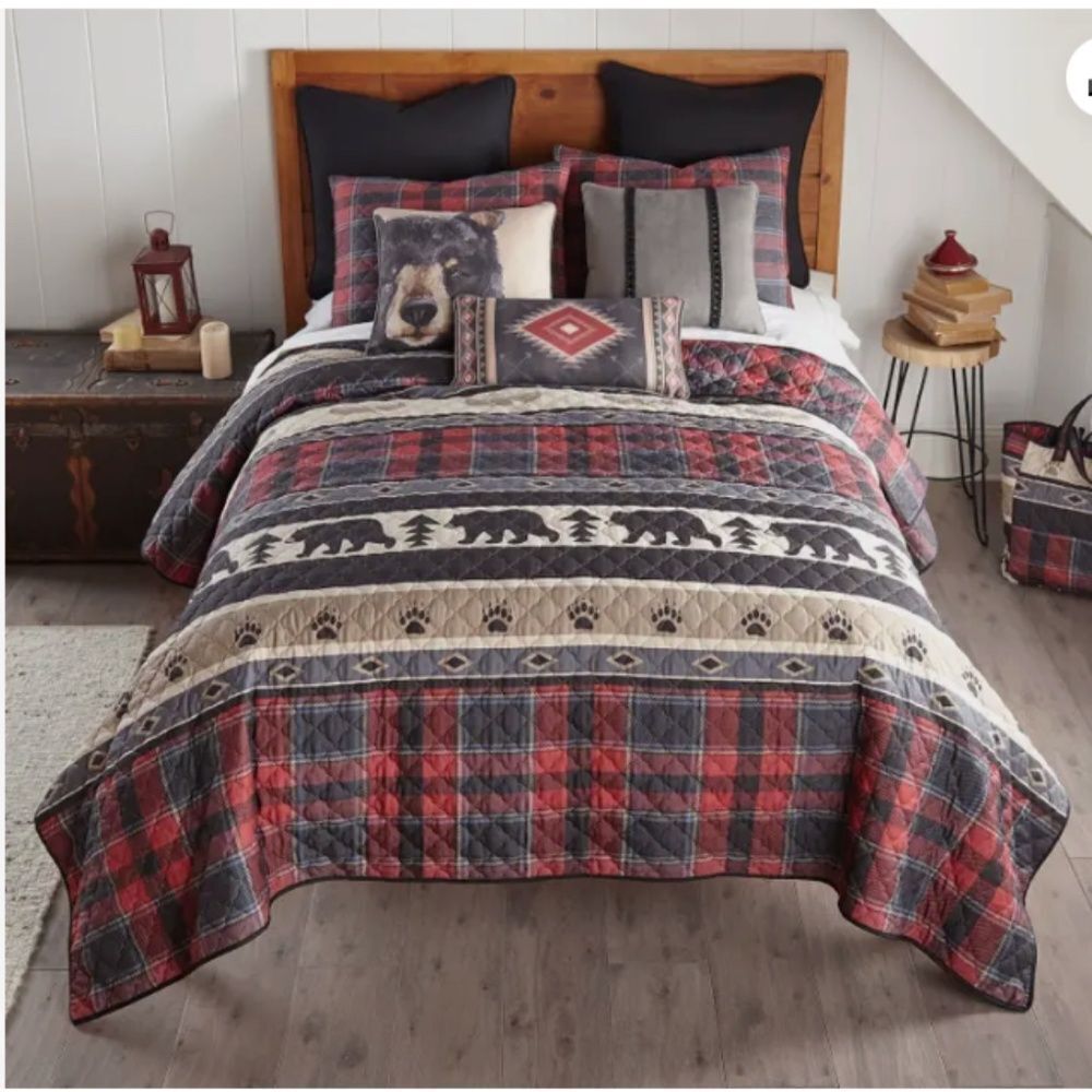 Bear Lodge Printed Reversible King Quilt Set Country Cabin Bonus Tote Bag